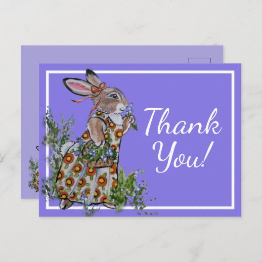 Dank u Schattige konijn Blauw Vrouwelijke Bloemen Briefkaart (Voorkant / Achterkant)