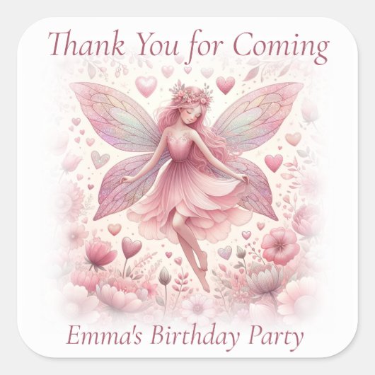 Dank u Schattige Roze Fairy Vierkante Sticker (Voorkant)