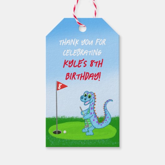 Dank u Schattigee Dinosaur Golf thema Kids Verjaar Cadeaulabel (Voorkant)