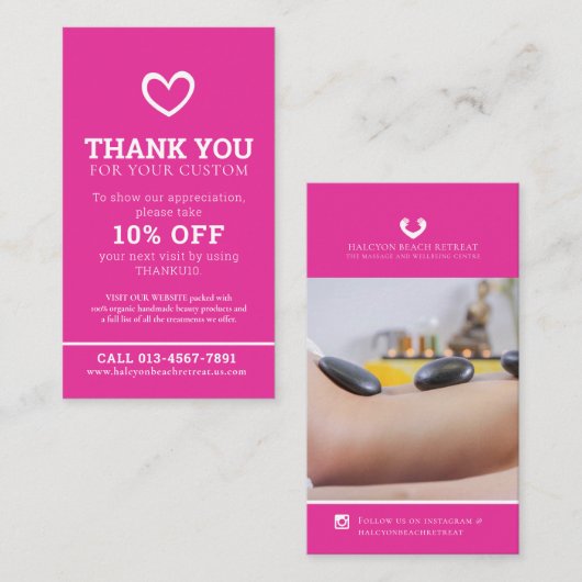 Dank u schoonheid gezondheid foto promo roze herha visitekaartje (Voorkant / Achterkant)