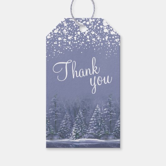 Dank u script blauwe pijnbomen kunst cadeau labels cadeaulabel (Voorkant)