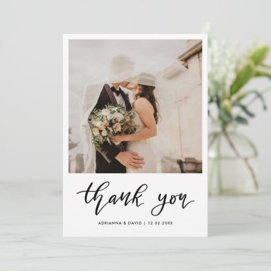 Dank u script bruiloft paar foto elegant bedankkaart (Staand voorkant)