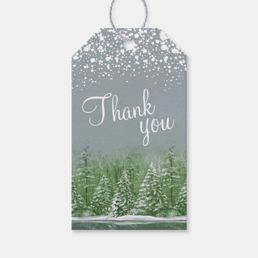 Dank u script groene grijze dennenbomen kunst cadeaulabel (Voorkant)