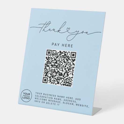 Dank U Script Hart Scan Me QR Code Logo blauw Reclamebord Met Voetstuk (Voorkant)
