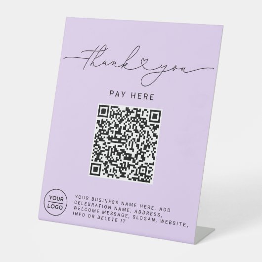 Dank U Script Hart Scan Me QR Code Logo paars Reclamebord Met Voetstuk (Voorkant)