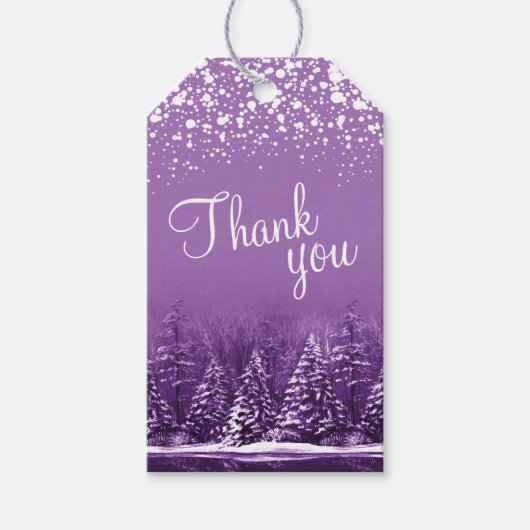 Dank u script witte sneeuw en paarse bomen kunst cadeaulabel (Voorkant)