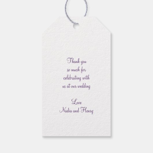 Dank u script witte sneeuw en paarse bomen kunst cadeaulabel (Achterkant)