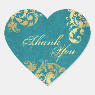 Dank u Seal - Blauwgroen & Goud Bloemen Bruiloft Hart Sticker