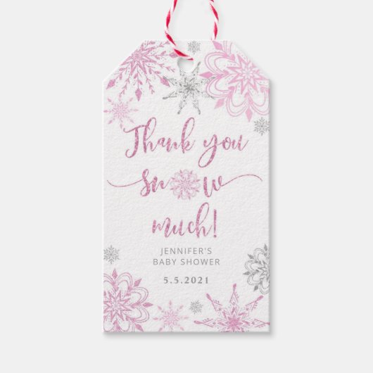 Dank u sneeuw veel roze zilveren sneeuwvlokken cadeaulabel (Voorkant)