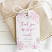 Dank u sneeuw veel roze zilveren sneeuwvlokken cadeaulabel