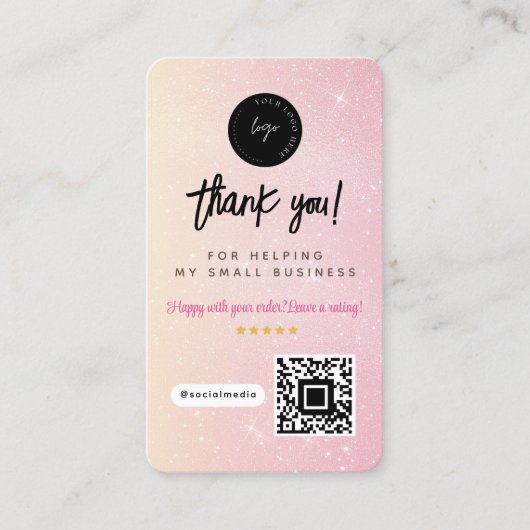 Dank U Sociale Media QR-code & Logo Roze Glitters Visitekaartje (Voorkant)