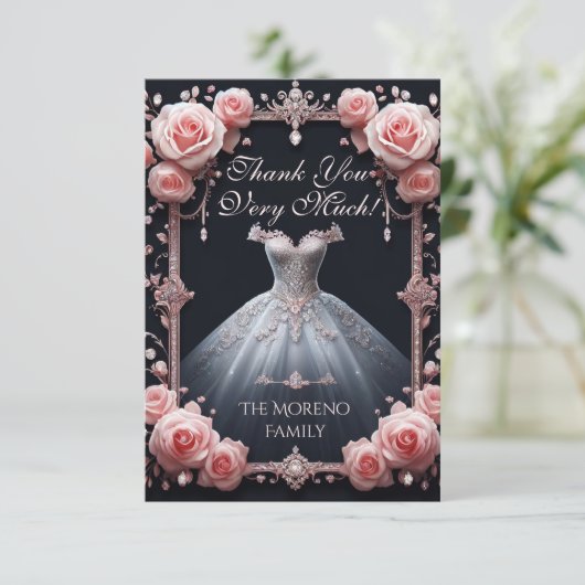 Dank u Spaans Quinceañera Roos Bedankkaart (Staand voorkant)