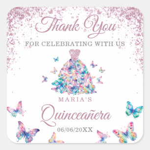 Dank u sprankelende vlinders Gown Quinceanera Vierkante Sticker