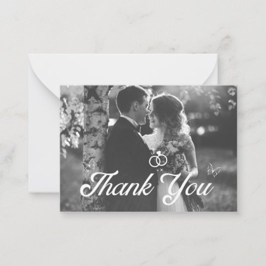 Dank u stijlvolle script zwart & wit foto bruiloft notitiekaartje (Voorkant)