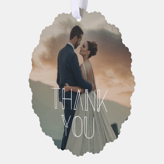 dank u stijlvolle witte typografie bruiloft foto ornament kaart (Links)