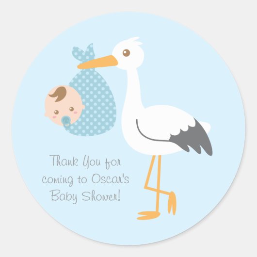 Dank u Stork levert Schattigee baby jongen Ronde Sticker (Voorkant)