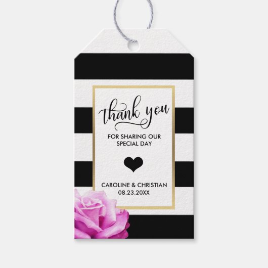 DANK U Strepen Wit Roze ROSE Hart Bruiloft Cadeaulabel (Voorkant)