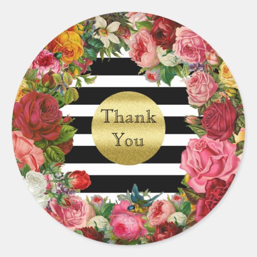 Dank u Stripes Rozen Bloemen Gouden Glitter Trend Ronde Sticker (Voorkant)