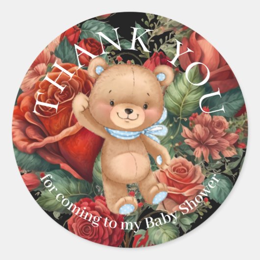 Dank u, Teddy Bear Blue Roos Foral Ronde Sticker (Voorkant)