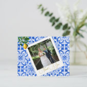 Dank u Trouwfoto Citroen Blauwe Tegel Elegant Briefkaart (Staand voorkant)