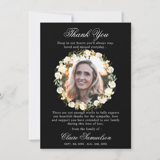 Dank u uitvaart sympathie zwart bloemig | FOTO Bedankkaart (Voorkant)