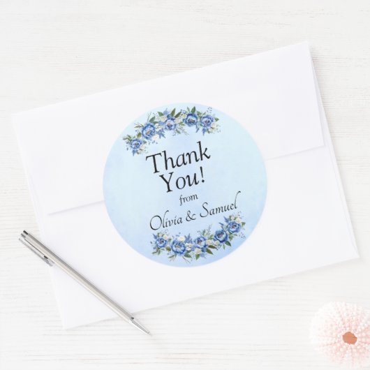 Dank u van bruid & bruidegom namen Blue Peony Ronde Sticker (Envelop)