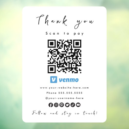 Dank u Venmo QR Code Scan om wit te betalen Raamsticker (Vel 3)