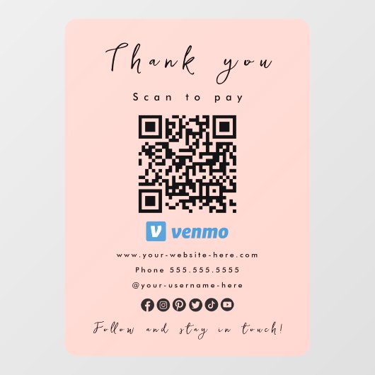 Dank u Venmo QR Code Scan te betalen Blush Pink Raamsticker (Vel)