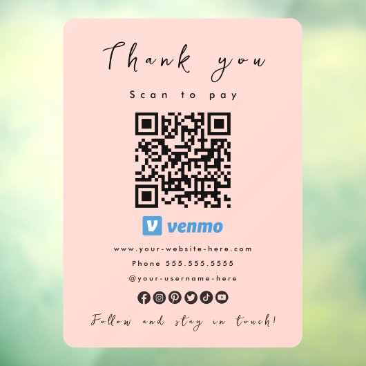 Dank u Venmo QR Code Scan te betalen Blush Pink Raamsticker (Vel 3)