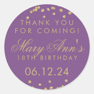 Dank u Verjaardag Gouden Glitter Confetti Paarse Ronde Sticker