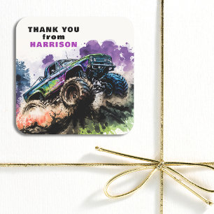 Dank u Verjaardag Monster Truck Smash Boy Vierkante Sticker