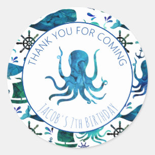 Dank u Verjaardagsfeestje Marine Octopus Nautical Ronde Sticker