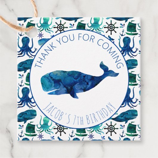 Dank u Verjaardagsfeestje Marine Whale Nautical Bedankjes Labels (Voorkant)