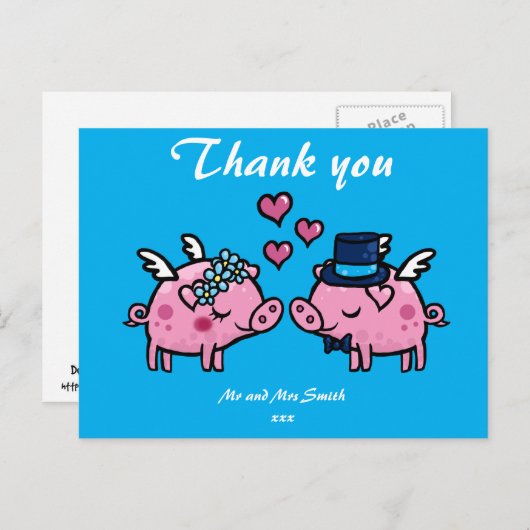 Dank u vliegende varken bruid en bruidegom briefkaart (Voorkant / Achterkant)