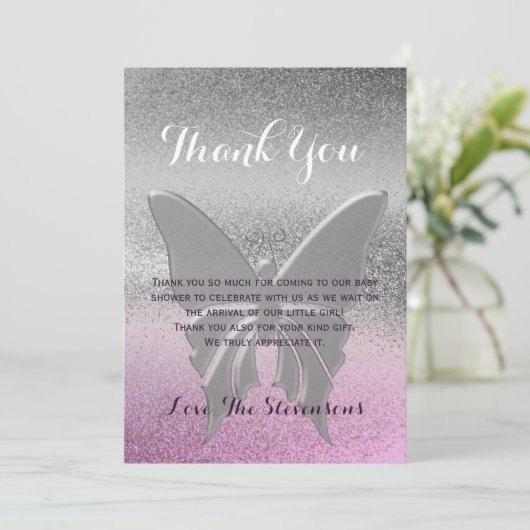 Dank u vlinder roze Paarse Baby shower Bedankkaart (Staand voorkant)