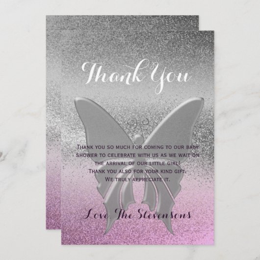 Dank u vlinder roze Paarse Baby shower Bedankkaart (Voorkant / Achterkant)