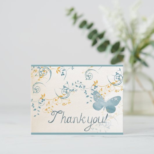  Dank u Vlinderblauw Goud Grijs Bloemen Briefkaart (Staand voorkant)