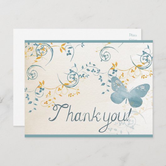  Dank u Vlinderblauw Goud Grijs Bloemen Briefkaart (Voorkant / Achterkant)