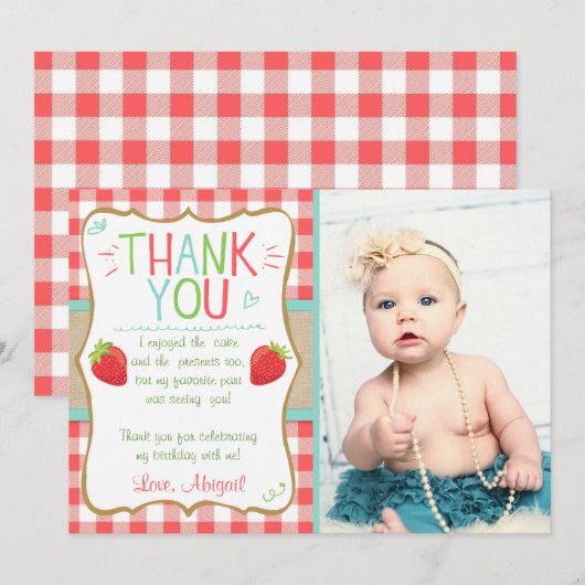 Dank u voor de aardbei First Birthday Summer Bedankkaart (Voorkant / Achterkant)