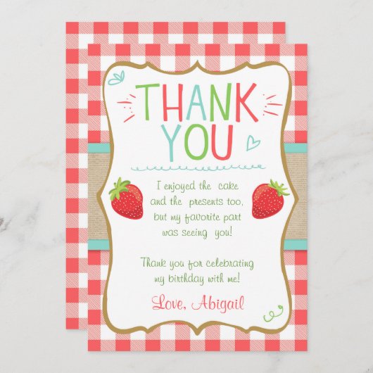Dank u voor de aardbei First Birthday Summer Bedankkaart (Voorkant / Achterkant)