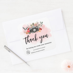 Dank u voor de fotograaf van de florale waterverf vierkante sticker