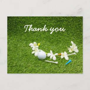 Dank u voor de golfer met golfbal en bloemen briefkaart