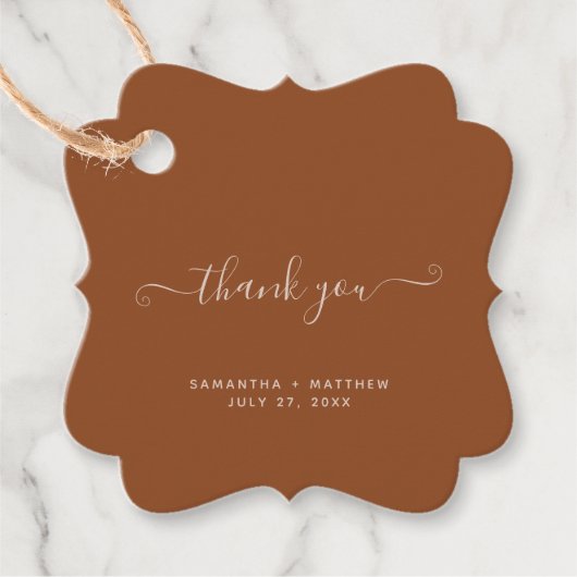 Dank u voor het kalligrafiescript Terracotta Weddi Bedankjes Labels (Voorkant)
