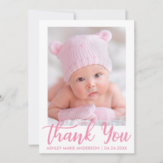 Dank u voor het nieuwe babyroze script bedankkaart (Voorkant)
