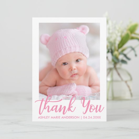 Dank u voor het nieuwe babyroze script bedankkaart (Staand voorkant)