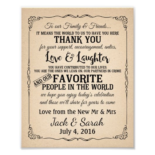 Dank u voor het trouwbord foto afdruk (Voorkant)