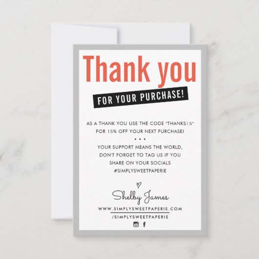 DANK U VOOR UW AANKOOP klant invoegen sinaasappel Bedankkaart (Voorkant)