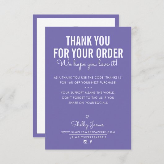 DANK U VOOR UW ORDE tussenvoegsel witte paarse ink Bedankkaart (Voorkant / Achterkant)