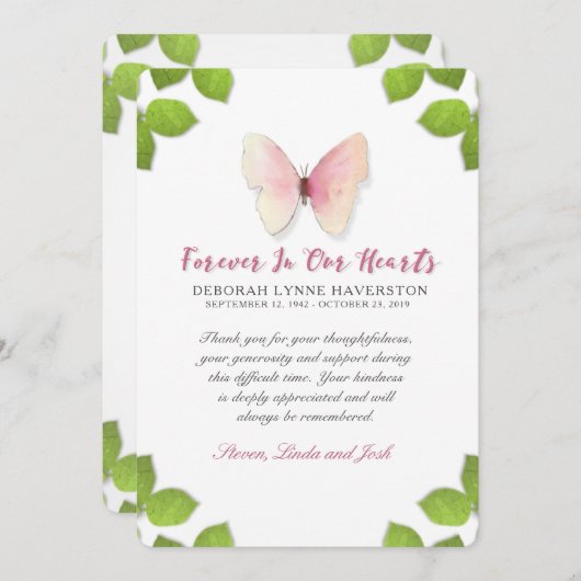 Dank u voor uw sympathie Butterfly Memorial Kaart (Voorkant / Achterkant)