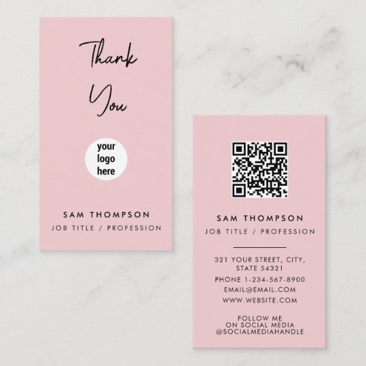 Dank u voor uw zakelijke Logo QR-code Blush roze Visitekaartje (Voorkant / Achterkant)